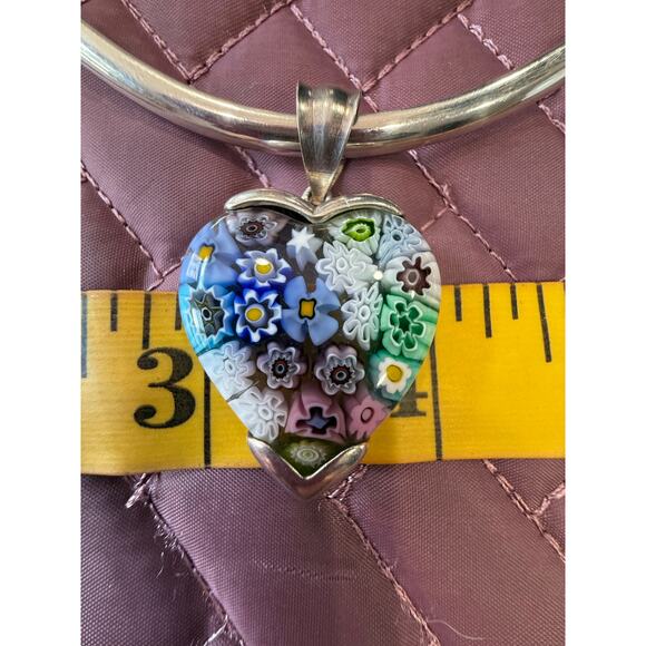 Vintage 925 Millefiori Heart Pendant Necklace Sterling Italy Glass Alan K Signed - Picture 3 of 15